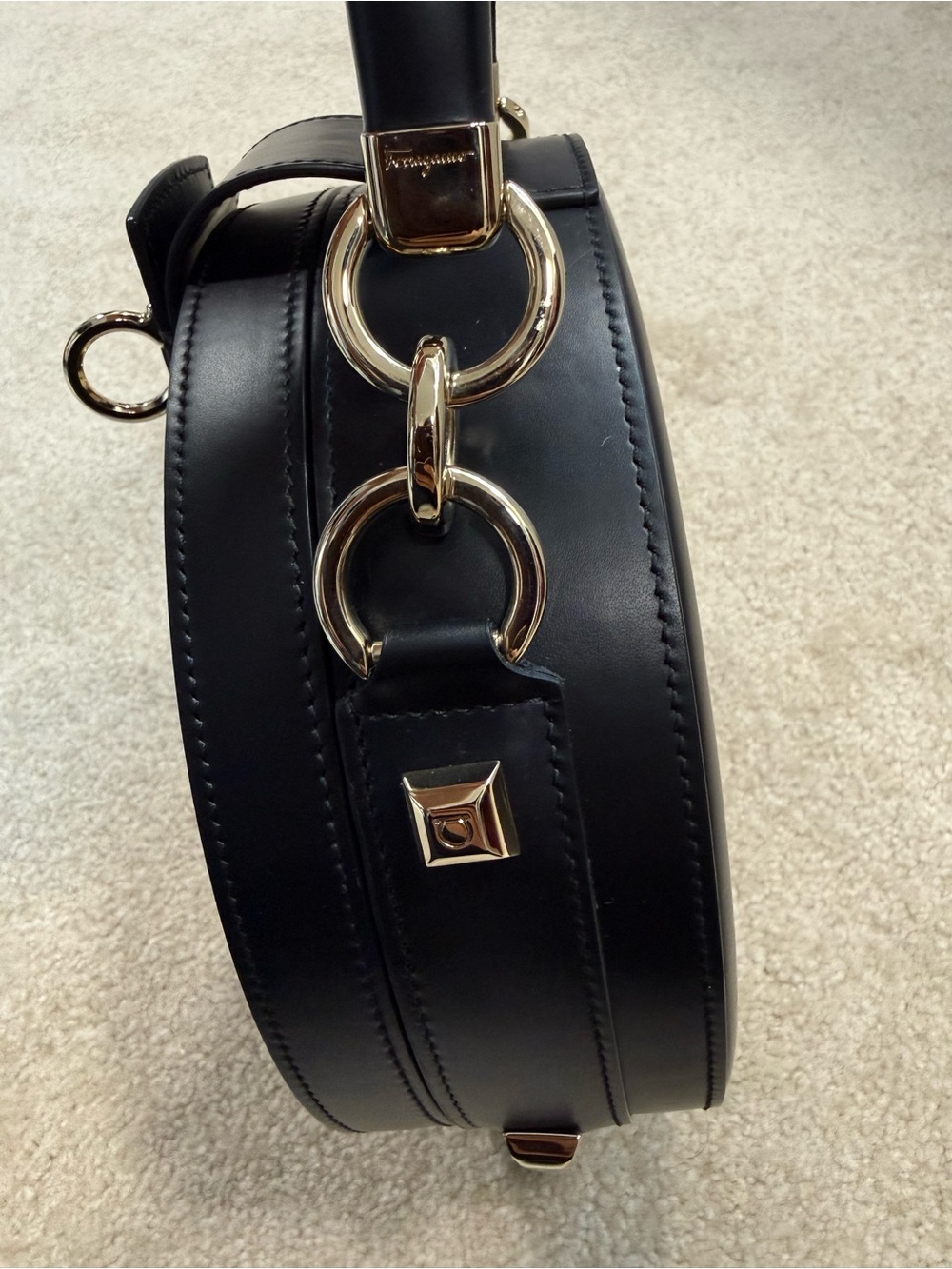 Salvatore Ferragamo Black Round Top-Handle Mini Bag with Gold Hardware - Picture 7 of 7